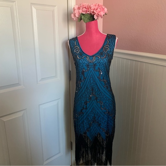 None Dresses & Skirts - 1920’s Flapper Inspired Sleeveless Dress, Black/Blue, Beaded, worn once